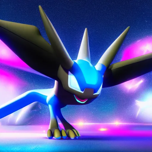 Image similar to Dream Black Legendary Cosmic Pokemon , Disney style , octane render , 4k , HD , Pixar Render