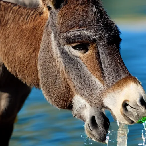 Prompt: close up photo of a donkey, drinking water from a lake in tasmania, bokeh, 4 0 0 mm lens, 4 k award winning nature photography