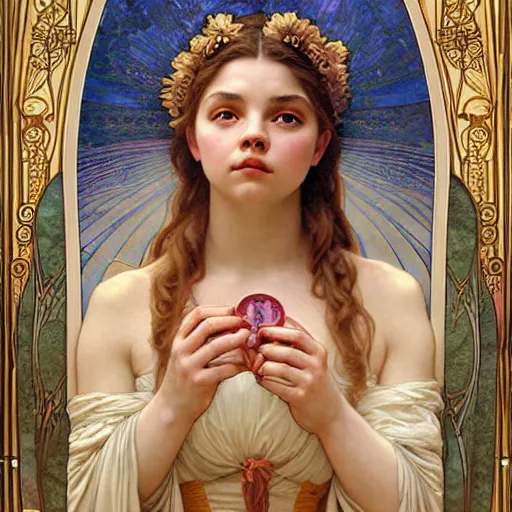 Image similar to detailed portrait art nouveau painting of the goddess of the moon, backlit, who resembles Anya Taylor Joy, Chloe Grace Moretz, and Emma Watson with anxious, piercing eyes, by Alphonse Mucha, Michael Whelan, William Adolphe Bouguereau, John Williams Waterhouse, and Donato Giancola