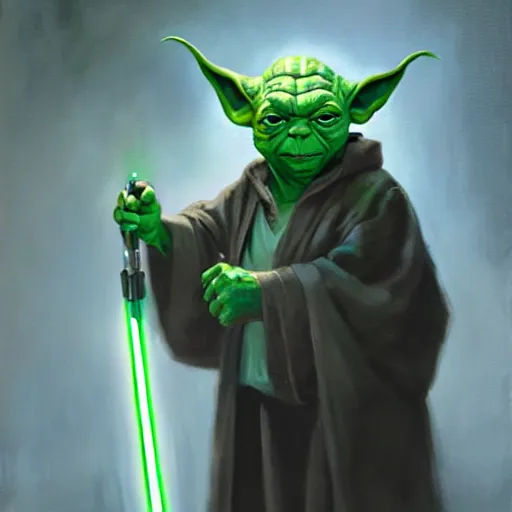 Prompt: Master Yoda holding a green lightsaber, oil painting, by Greg Rutkowski