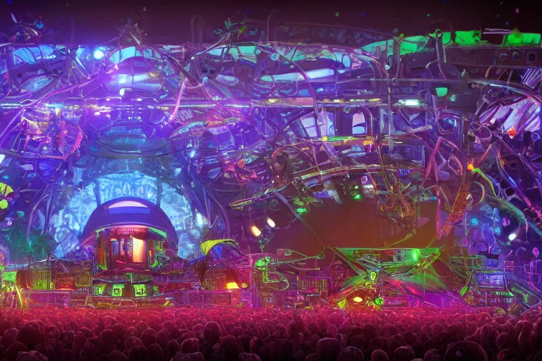 Image similar to an outdoor festival stage with audience, center of the stage is a big futuristic dieselpunk machine with gears and belts and tubes, rock musicians on the stage, laser show, 8 k, fluorescent colors, halluzinogenic, multicolored, exaggerated detailed, unreal engine