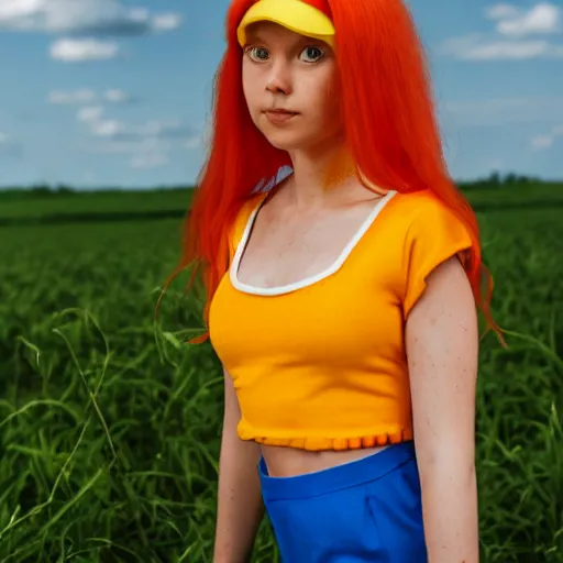 Image similar to misty from pokemon, her orange hair in a side ponytail, wearing a yellow shiort sleeved crop top and blue daisy duke shorts with red suspenders on top, standing in a field, by gottfried helnwein, dslr full body portrait, sigma 8 5 mm f 1. 8