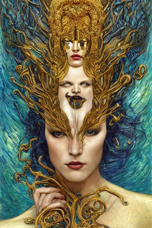 Prompt: Intermittent Chance of Chaos Muse by Karol Bak, Jean Deville, Gustav Klimt, and Vincent Van Gogh, beautiful portrait of Rebirth, Loki's Pet Project, Poe's Angel, Surreality, inspiration, imagination, muse, otherworldly, fractal structures, arcane, ornate gilded medieval icon, third eye, spirals