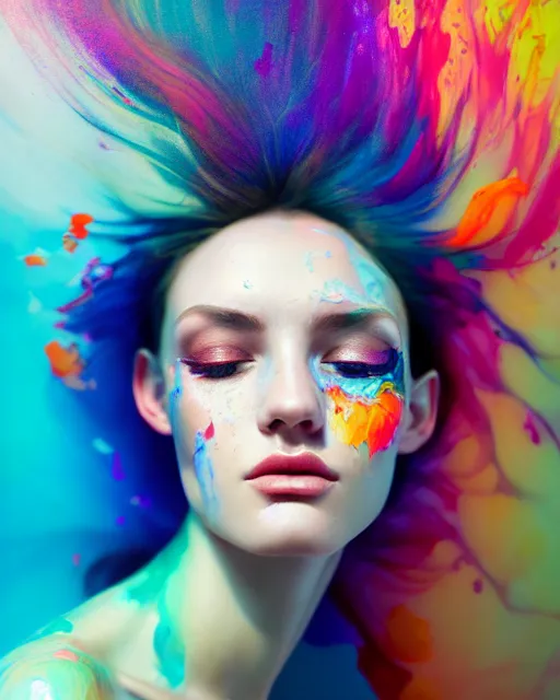 Prompt: very beautiful woman, face submerged in colorful oils, realism, extreme detail, real life, soft light, volumetric light, 3 d shadows, james jean, photoshoot