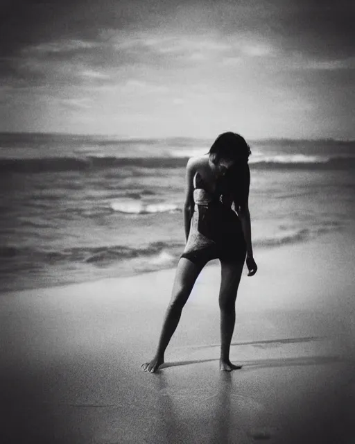 Image similar to “a black and white photograph of a woman on the beach, realistic, vintage, antiqued look, grainy film”