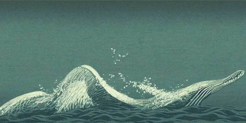 Image similar to An aesthetically pleasing, dynamic, energetic, lively, well-designed digital art of a whale, ripples, waves, sea foam, light and shadow, ocean caustics, aizome patterns, by Ohara Koson and Claude Monet, traditional Japanese colors, superior quality, masterpiece, excellent use of negative space.