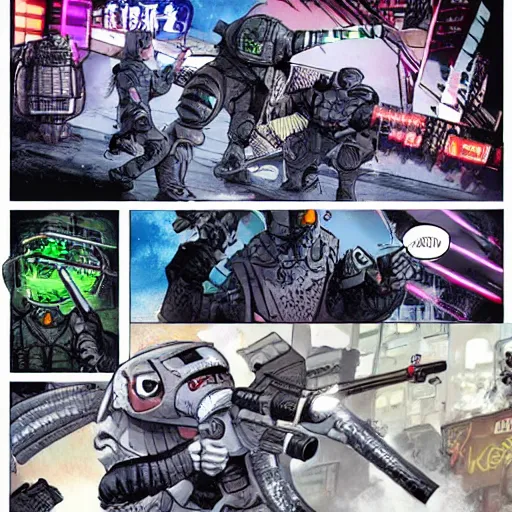 Image similar to a cyberpunk dinosaur war against an army of cyborg pandas, masamune shirow