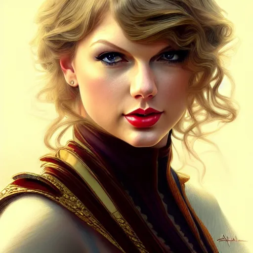 Image similar to Taylor Swift closeup, D&D style, fantasy, intricate, elegant, highly detailed, digital painting, artstation, concept art, matte, sharp focus, illustration, art by Artgerm and Greg Rutkowski and Alphonse Mucha