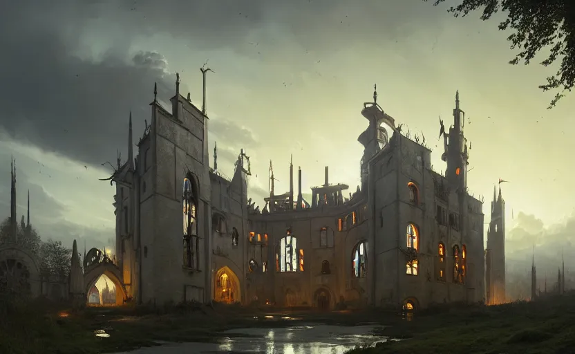 Image similar to exterior shot of utopian medieval stronghold architecture with cinematic lighting by zaha hadid peter zumthor and renzo piano and, darek zabrocki and greg ruthkowski, simon stalenhag, cinematic, holy place, paradise, scifi, futurism, atmospheric, concept art, artstation, trending on artstation