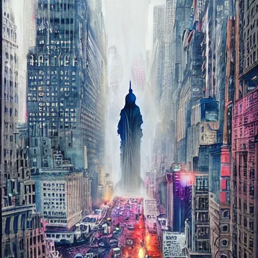 Prompt: an alien invasion of new york city all of humanity is fighting back, artstation hall of fame gallery, editors choice, #1 digital painting of all time, most beautiful image ever created, emotionally evocative, greatest art ever made, lifetime achievement magnum opus masterpiece, the most amazing breathtaking image with the deepest message ever painted, a thing of beauty beyond imagination or words, 4k, highly detailed, cinematic lighting