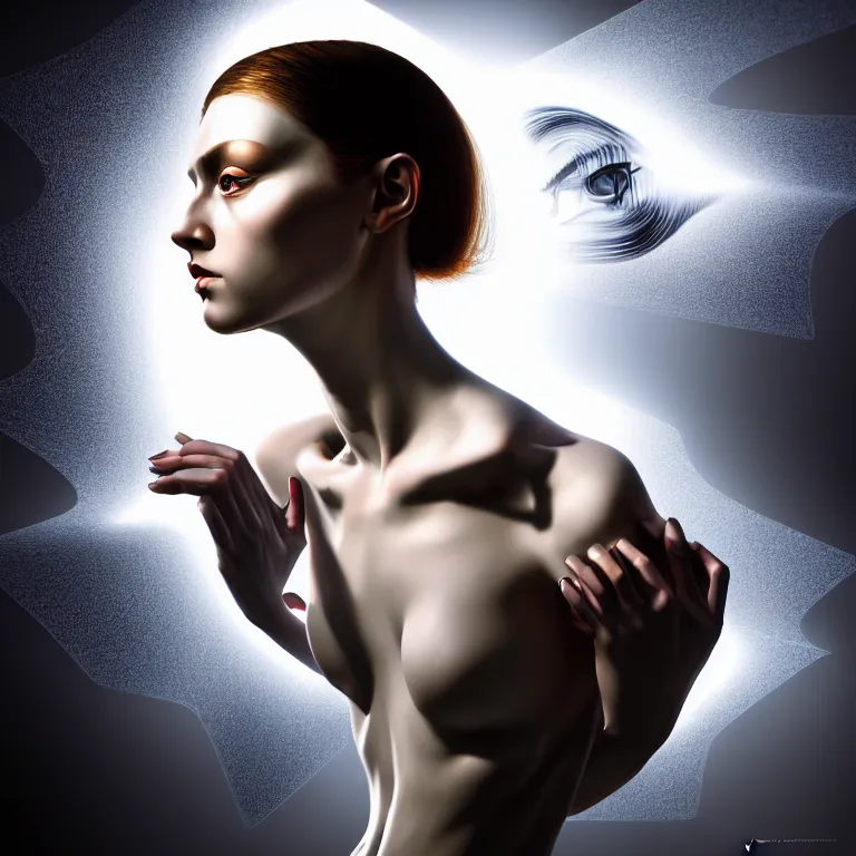 Image similar to hyperrealism photography computer simulation visualisation of parallel universe dramatic scene with beautiful highly detailed ukrainian woman by caravaggio wearing neofuturistic neural interface by josan gonzalez. volumetric natural light - s 1 5 0