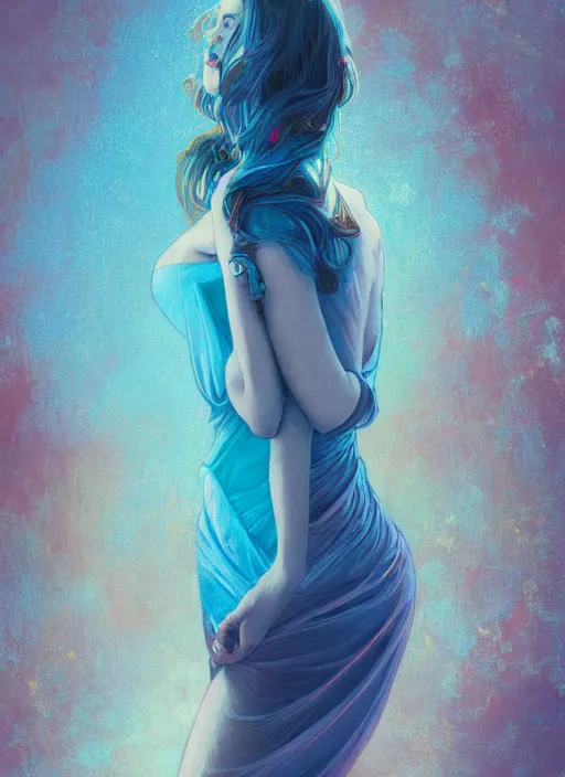 Image similar to handsome young women with shoulder length light blue hair, half body shot, path traced, highly detailed, high quality, digital painting, alena aenami, lilia alvarado, shinji aramaki, karol bak, alphonse mucha, tom bagshaw