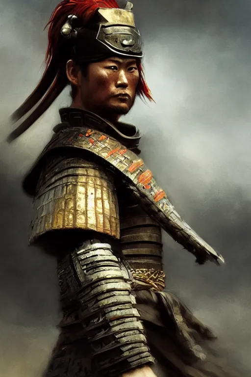 Image similar to samurai warrior, close - up portrait, fierce, intricate, elegant, volumetric lighting, scenery, digital painting, highly detailed, artstation, sharp focus, illustration, concept art, ruan jia, steve mccurry