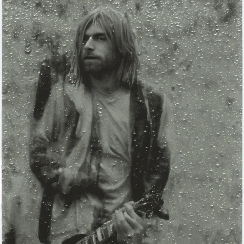 Image similar to a polaroid of ( kurt cobain ) in seattle, raining! nighttime