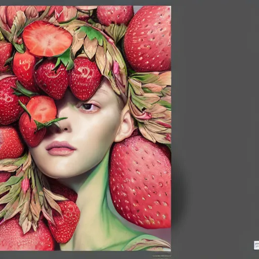 Image similar to the portrait of an absurdly beautiful, graceful, elegant, sophisticated woman made of strawberries and green petals, an ultrafine hyperdetailed illustration by kim jung gi, irakli nadar, golden ratio, intricate linework, bright colors, octopath traveler, final fantasy, unreal engine 5 highly rendered, global illumination, radiant light, detailed and intricate environment