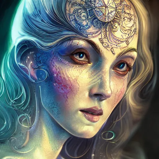 Prompt: a wlop 3 d render of very very very very super highly detailed beautiful mystic portrait of something with whirling galaxy around, tattoos by anton pieck, intricate, extremely detailed, digital painting, artstation, concept art, smooth, sharp focus, illustration, intimidating lighting, incredible art,