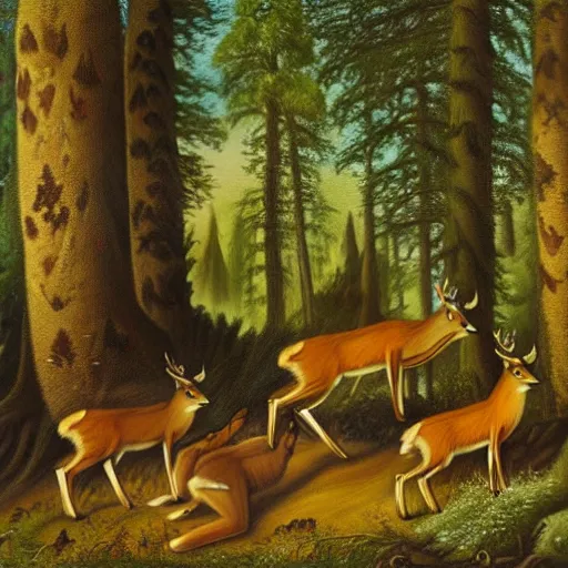 Prompt: a deer king wearing a crown in a forest clearing. a fox, bear and wolf are bowing before the deer. oil painting.