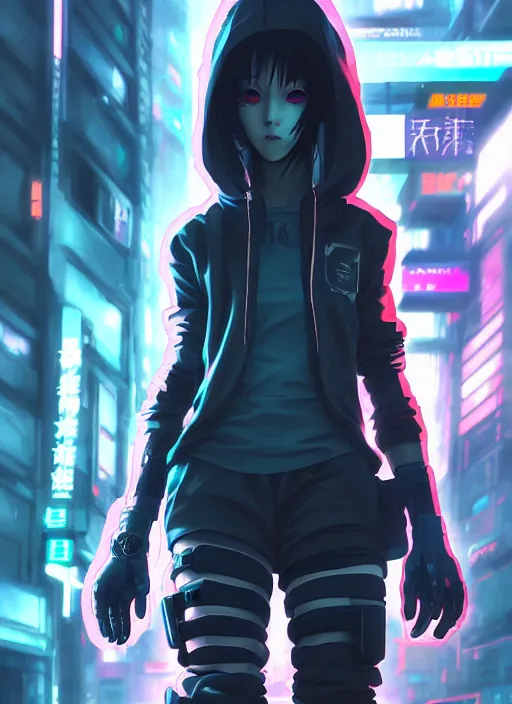 Image similar to cyberpunk anime girl in hoodie, grafity, neonpunk, alita, arcane, fortiche, action, tokyo street, detail, good face, pose model, concept art, in style of yoji shinkawa, pan ren wei, col price, atey ghailan, by greg rutkowski, aesthetic