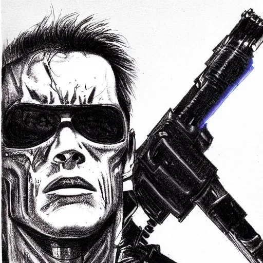 Prompt: ballpoint pen sketch of the terminator ( 1 9 8 4 )!!!!!!!