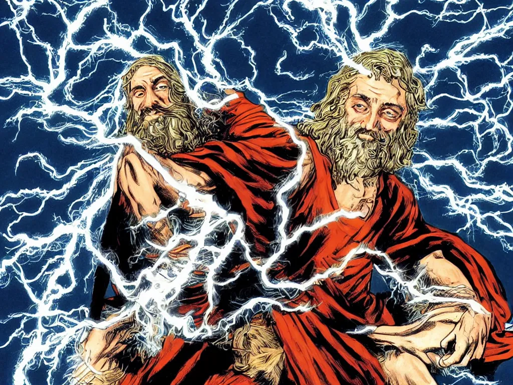 Image similar to jesus christ as a superhero with wavey hair and white eyes floating above the water shooting lightning out of his hands, drawn by alan moore, graphic novel,