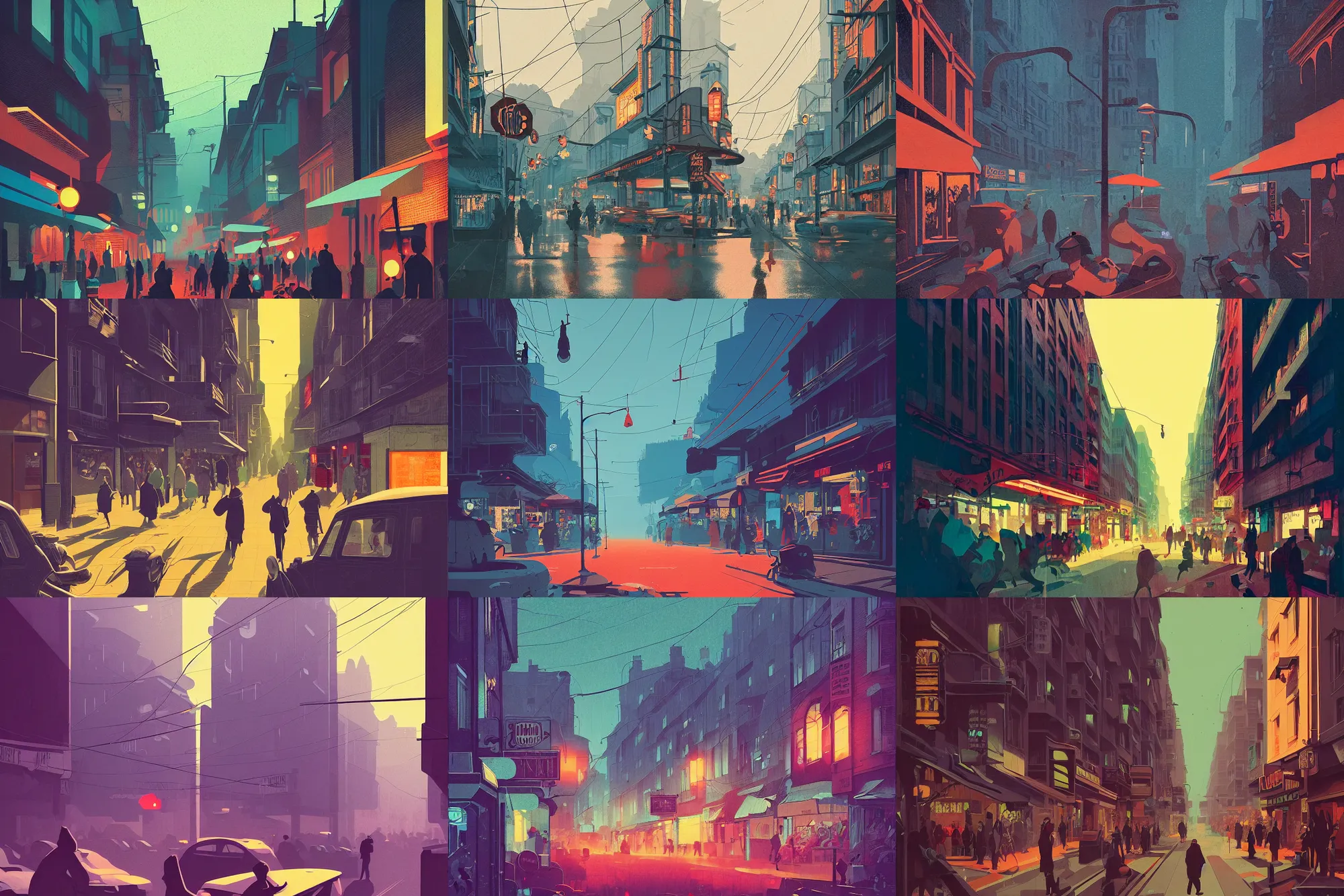 Prompt: busy small town street, lush, many people, modern art deco, colorful, mads berg, christopher balaskas, victo ngai fine texture, detailed, muted colors, dynamic composition, matte print, wide angle, moody, stippled light, very grainy texture, stippled shadows