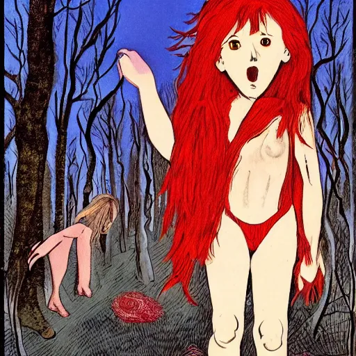 Prompt: girl with red hair and blue eyes. walking in the forest at night. full moon. folk horror. hyper detailed. soviet propaganda socialist realism