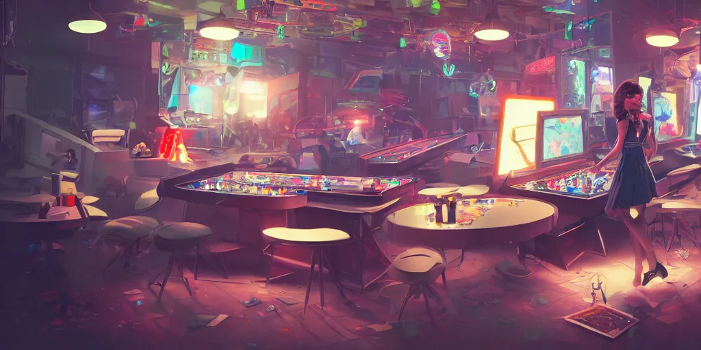 Prompt: an environmental concept art of a stylish woman playing a game in a cluttered arcade, highly detailed, environmental light, cinematic by francis tneh