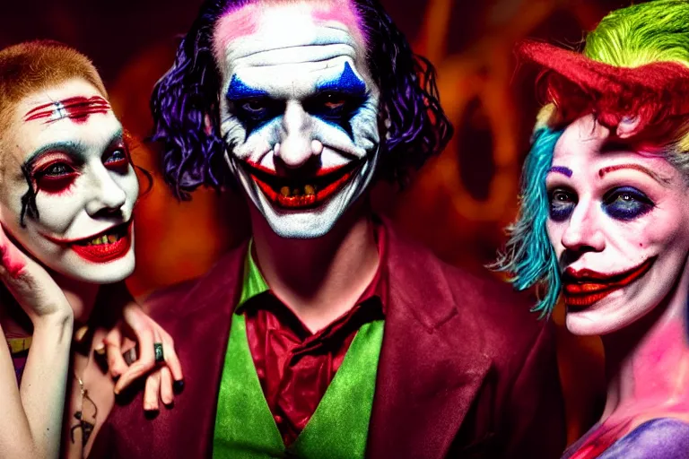 Image similar to 35mm color, illegal rave, portrait of Joker and Harley Queen, fashion shoot, freak show, hyperdetailed, photorealistic, interesting, by David la chapelle and les edwards and david cronenberg and WETA digital, ID magazine, octane rendering, cinematic, hyperrealism, octane rendering, 8k, depth of field, bokeh.