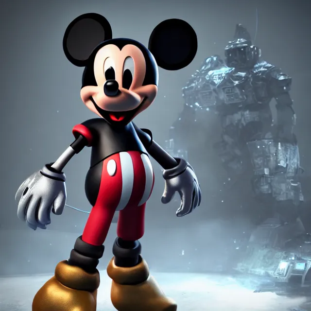 Prompt: ultra realistic mickey mouse wearing mecha armour, dark cinematic, volumetric, realistic, 3 d render, realistic render, cinematic lighting, volumetric lighting, atmospheric, cinematic, unreal engine 5, unreal engine render, octane render, hd, photorealism, hyper realistic, photo, 8 k