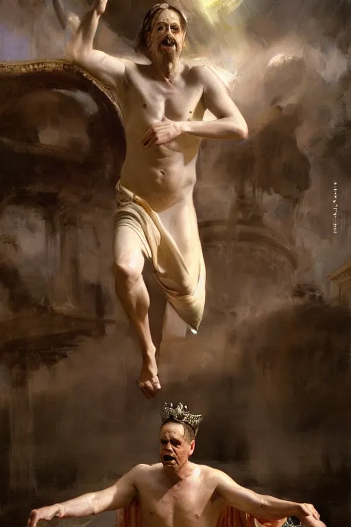 Image similar to beautiful oil painting portrait of ancient roman god emperor steve buscemi floating in the air wearing the civic crown levitating and ascending in a religious pose, ascension, art by anders zorn, wonderful masterpiece by greg rutkowski, expressive brush strokes, beautiful cinematic light, american romanticism by greg manchess, jessica rossier