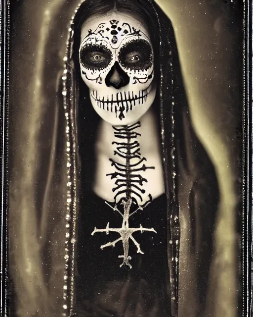 Image similar to tintype virgin mary dressed in dia de muertos makeup high quality photo, microchip, artificial intelligence, bio - mechanical bio - luminescence, black wired cables, neurons, nerve cells, cinematic, rim light, photo - realistic, high detail, 8 k, masterpiece, high fashion, in the style of steven meisel dora maar h. g. giger