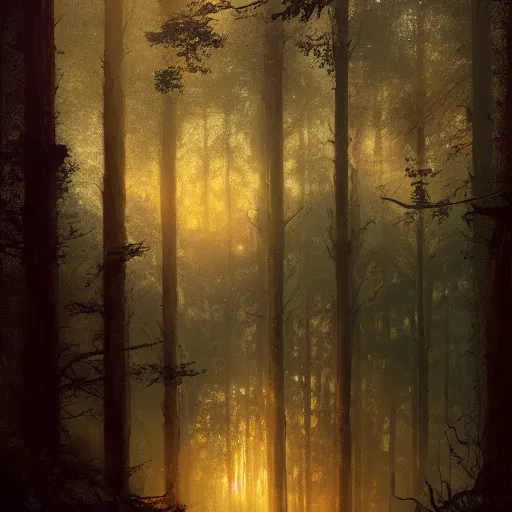 Image similar to windowview, beautiful forest, sunset, high detail, dramatic light, sunrays, digital art, dark, painted by seb mckinnon and greg rutkowski, trending on artstation