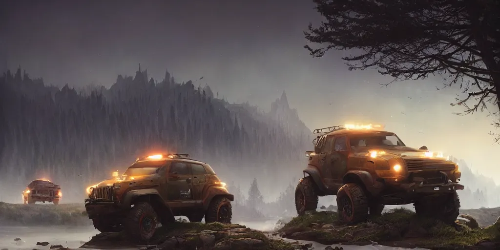 Prompt: a beautiful concept offroad suv, an epic fantasy, dramatic lighting, cinematic, establishing shot, extremely high detail, photorealistic, cinematic lighting, artstation, by simon stalenhag, horizon forbidden west