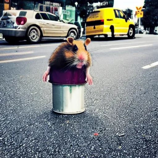 Image similar to “ hamster dressed as a homeless person sitting at an intersection with arms stretched out holding a tin can ”