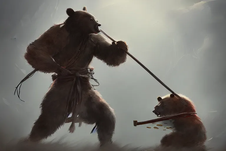 Image similar to an environmental concept art of samurai anthropomorohic black bear, samurai duel, sakura petals blowing in the wind, highly detailed, environmental light, epic, 8 k, artstation, deviantart, award winning, cinematic by francis tneh