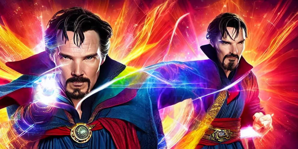 Prompt: doctor strange combined with waya steurbaut hero combination rainbow glowing suite high resolution film render 100k, photo realistic, epic, colourful close up shot