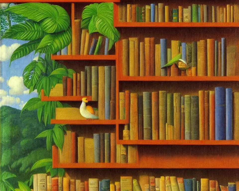 Image similar to one small bookshelf in the rainforest, featuring gavels, by raphael, hopper, and rene magritte. hyperdetailed, proportional, romantic, enchanting, achingly beautiful, graphic print, trending on artstation, jungle, tropical, foliage