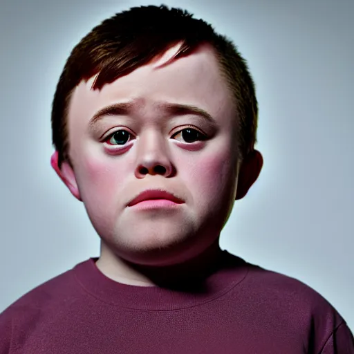 Image similar to 4 k editorial photograph of down syndrome midget alex jones, sharp focus, soft lighting, edge lighting, studio portrait, 1 3 mm film color grading