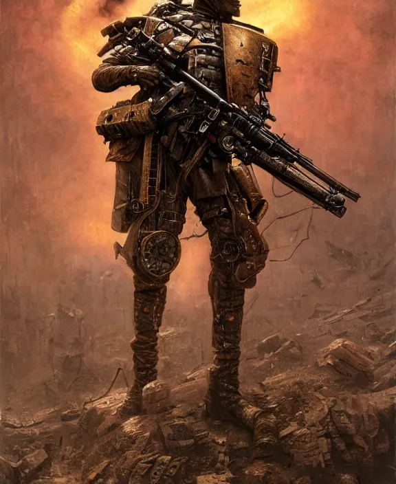 Image similar to a soldier in steampunk armour firing his gun in a deadly world war, by HR Giger and Beksiński and Stephan Martiniere , 4k resolution, detailed, trending on artstation