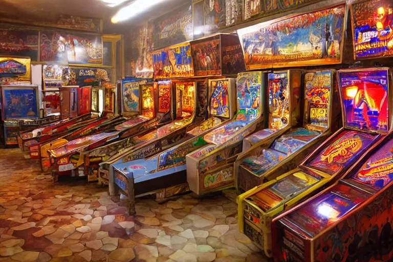 Image similar to mughal architecture interior of a lively early arcade full of videogame cabinets, pinball tables