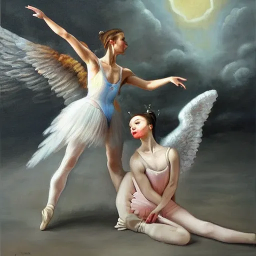 Image similar to a stunning oil painting of an angel ballerina facing off against a demon ballerina in an epic battle