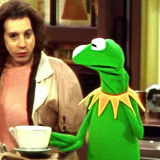 Image similar to screengrab of kermit as guest on seinfeld