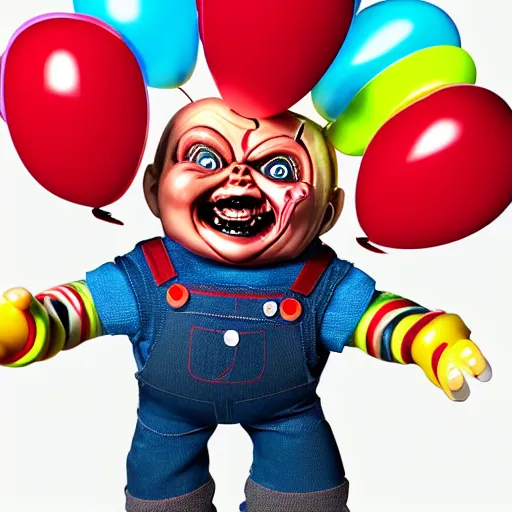 Image similar to screaming chucky doll in shape of balloons octane render