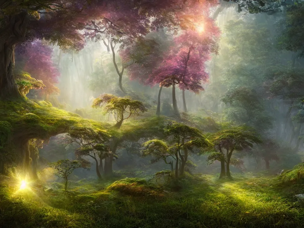 Image similar to 3d render of opalescent iridescent Kauai enchanted mushroom forest meadow, Sunlight Study, by Jan Davidsz de Heem and ((((((Lisa Frank)))))), misty morning, Art Nouveau, 8k, extreme detail, sharp focus, octane render