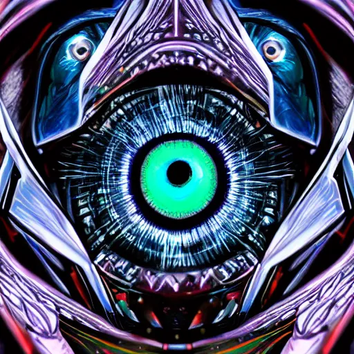 Image similar to eye of a cybernetic owl, futuristic, cyberpunk, digital illustration, photo - realistic, macro, extremely detailed, vivid, neon, dramatic lighting, intricate details