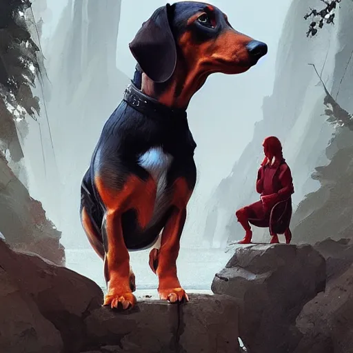 Image similar to dachshund, by greg rutkowski, artgerm, ross tran, conrad roset, takato yomamoto, ilya kuvshinov. 4 k, beautiful, cinematic dramatic atmosphere