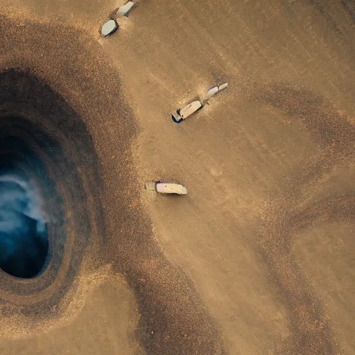 Image similar to an aerial photo of a convoy of futuristic tanks riding in a long line into a smoky hole in the ground, moody cinematic light