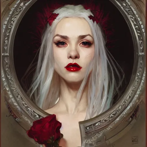 Prompt: portrait of a beautiful vampire by Stanley Artgerm Lau , greg rutkowski, thomas kindkade, alphonse mucha, loish, norman rockwell, J. C. Leyendecker. white hair, detailed eyes, red lips. Trending on artstation rule of thirds detailed illustration hd 4k