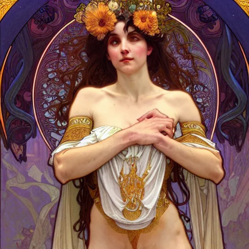 Image similar to carol burnette as the goddess of bliss, fantasy, d & d, intricate, detailed, by by alphonse mucha, adolfo hohenstein, alice russell glenny, stanley artgerm lau, greg rutkowski, detailed, trending on artstation, trending on artstation, smooth