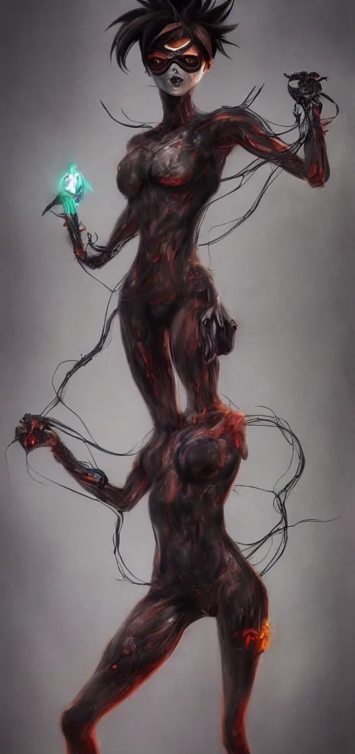 Image similar to dark full body painting of tracer from overwatch, in style of zdzisław beksinski, scary, horror, 4 k, feminine facial features, overwatch tracer character, horror, body horror, disturbing, detailed face, dressed in dark garment, black tendrils, tall, long legs,